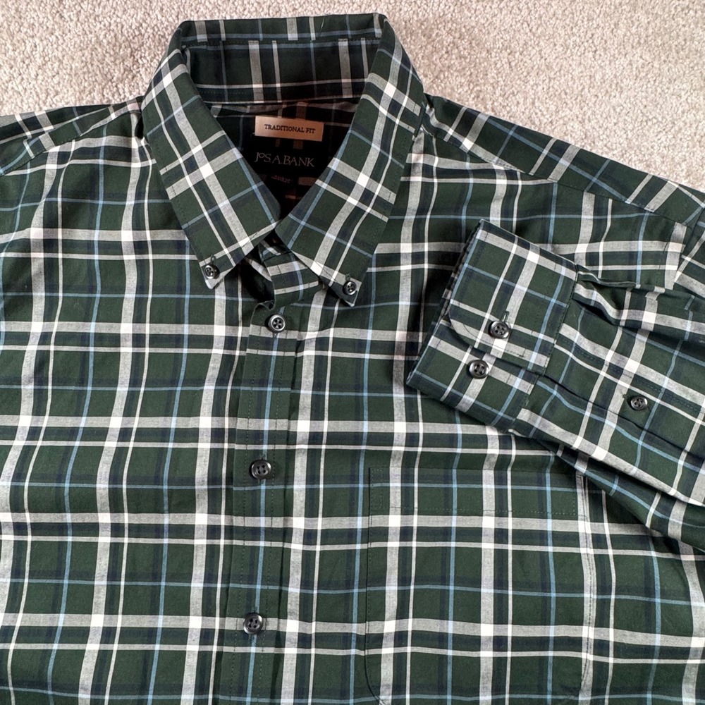 Jos A Bank Mens Large Traditional Fit Plaid Button Down Shirt Green Cotton Blend
